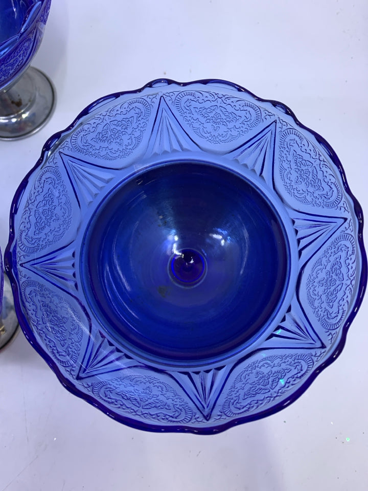 6 VTG COBALT BLUE GLASS SHERBET DISH WITH METAL HOLDER.