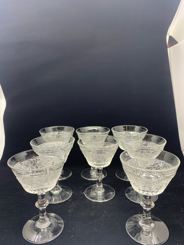 8 FOOTED ETCHED TALL WINE GLASSES.