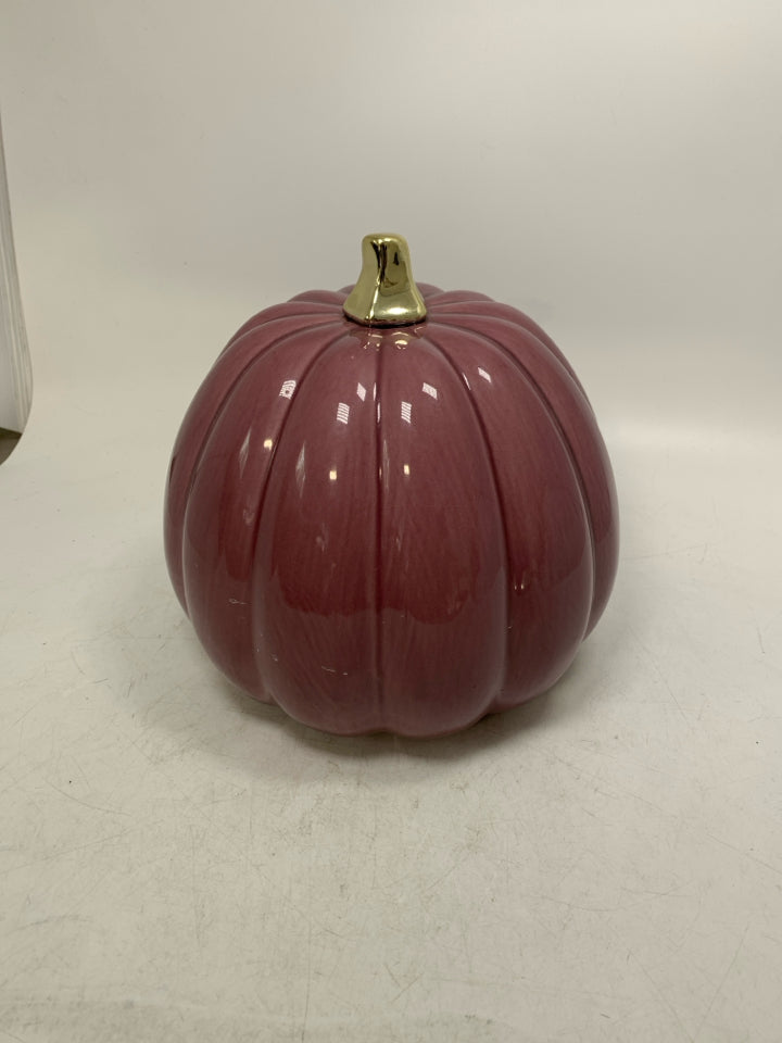 CERAMIC PURPLE PUMPKIN W/ GOLD STEM.