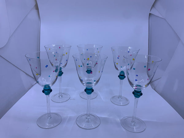 6 LIGHT WEIGHT WINE GLASSES W/ COLORED CIRCLES TOP OF STEM BLUE.