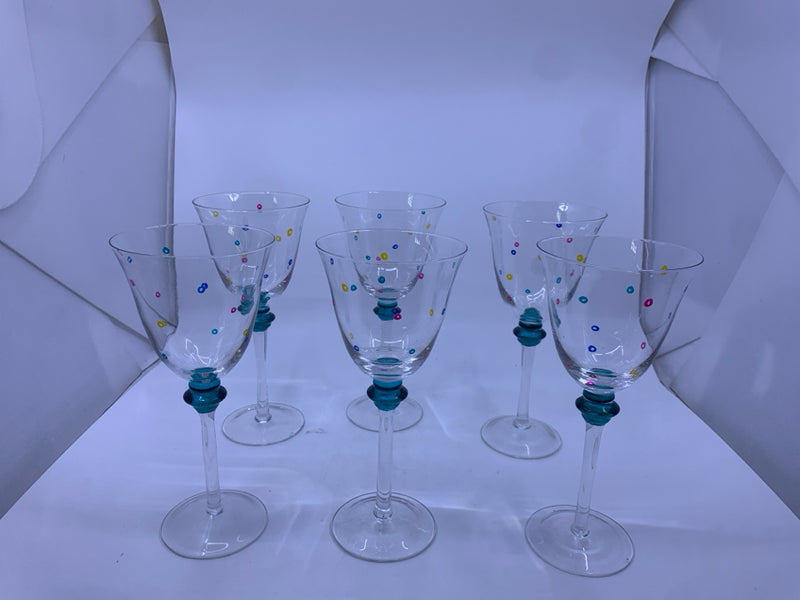 6 LIGHT WEIGHT WINE GLASSES W/ COLORED CIRCLES TOP OF STEM BLUE.