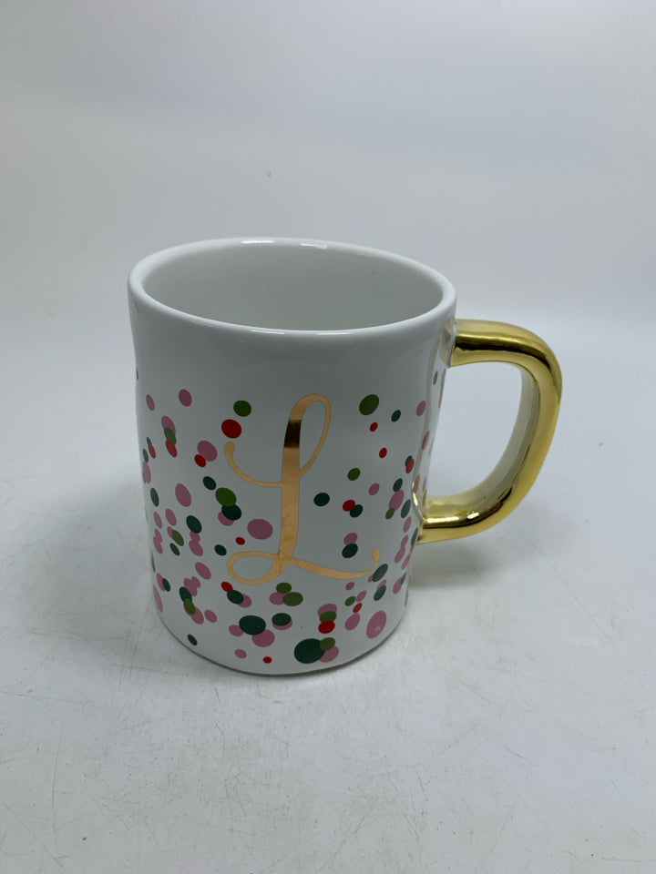LARGE MONOGRAM L MUG W/ COLORED POLKA DOTS.