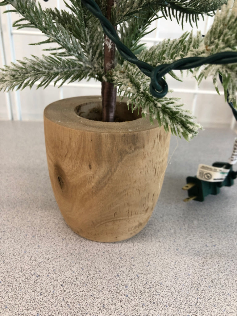 WARM LIGHT FROSTED PINE TREE IN WOOD POT.
