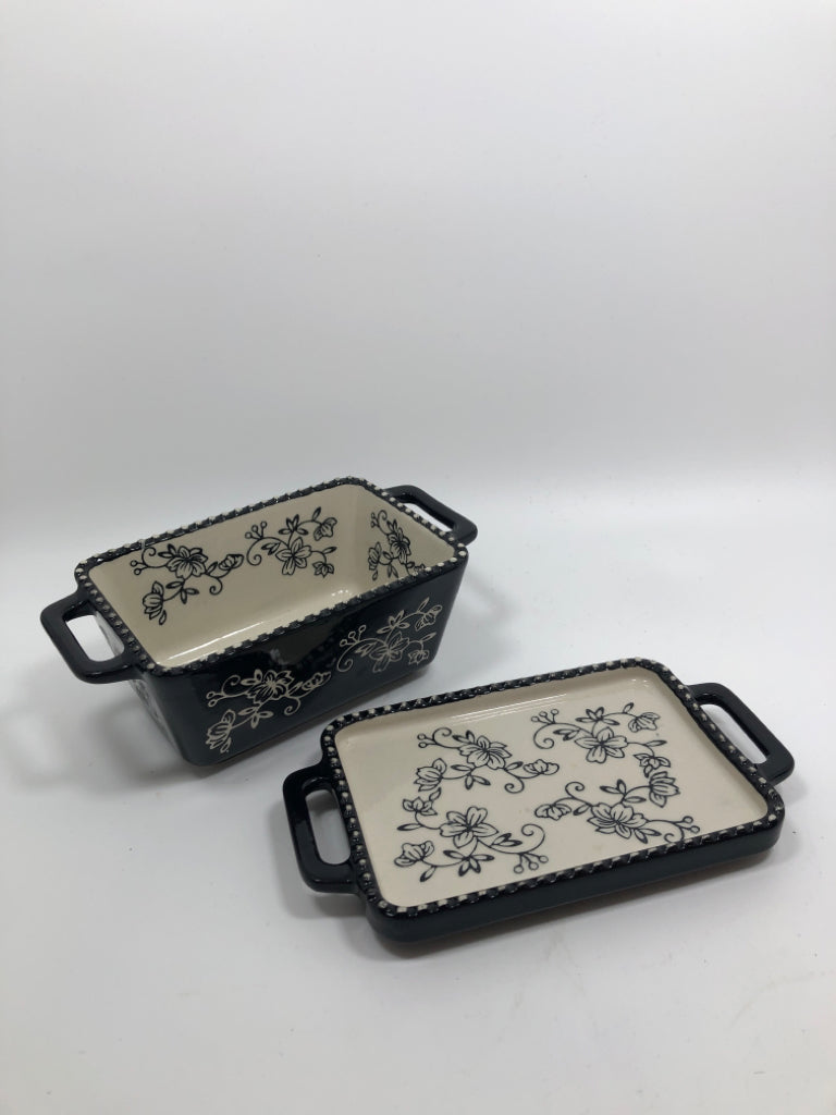 2PC SM BLACK/WHITE FLORAL TEMPTATIONS DISH W/LID.