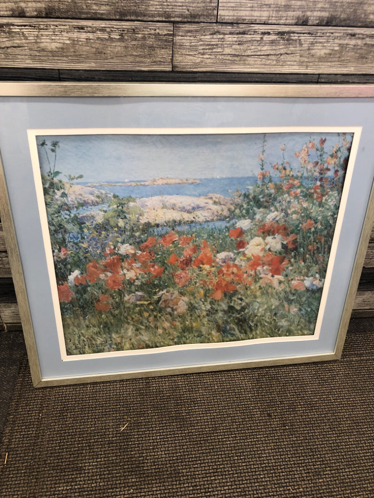 LARGE OCEAN SCENE W RED POPPIES WALL ART.