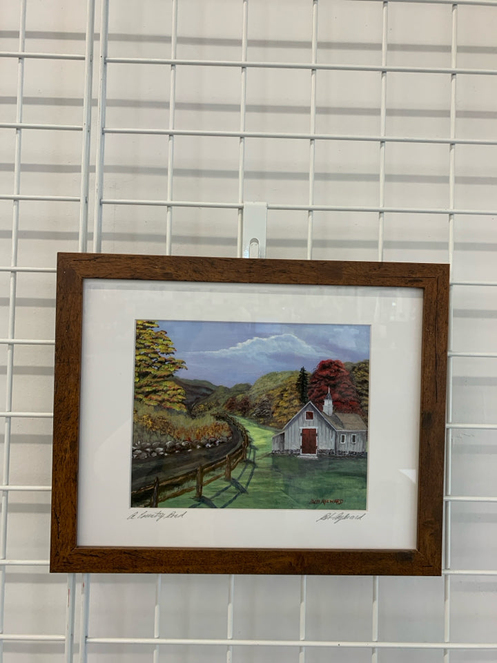 COUNTRY ROAD + FARM SIGNED, FRAMED PRINT.