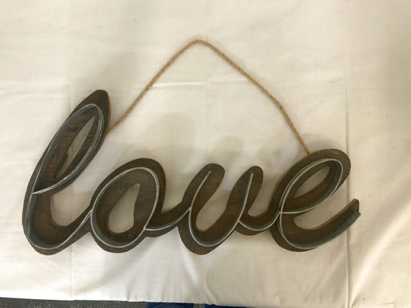 WOOD LOVE SIGN W/ GALVANIZED DETAIL WALL ART.