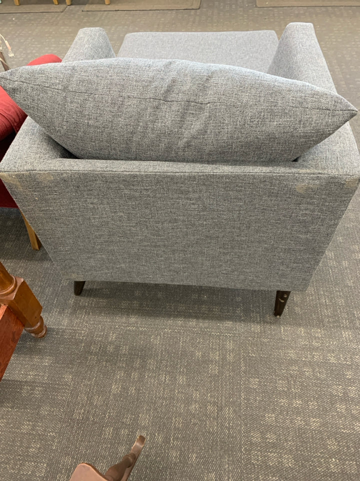 UPHOLSTERED GRAY CHAIR W/OTTOMAN.