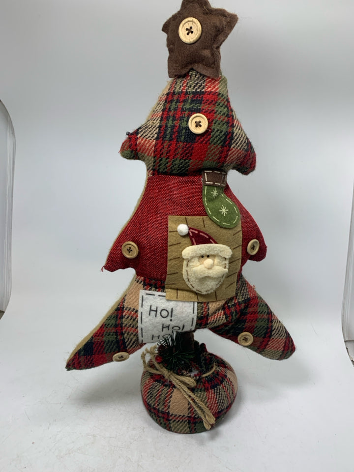 PRIMITIVE STYLE PLUSH FLETED PATCHWORK TREE W/ SANTA FACE IN CENTER.