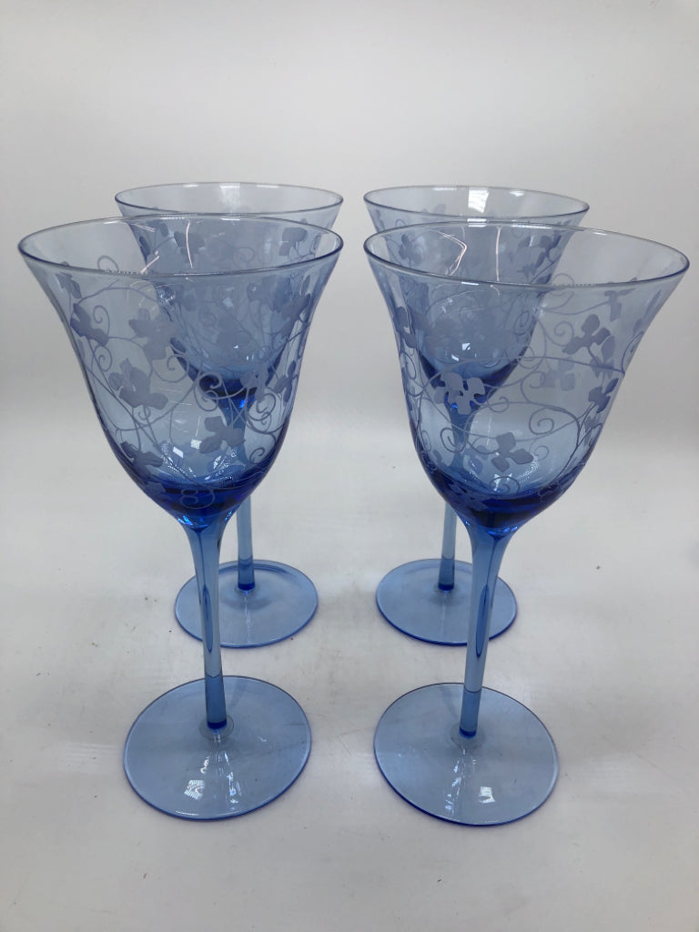 4 BLUE FLORAL ETCHED WINE GLASSES.