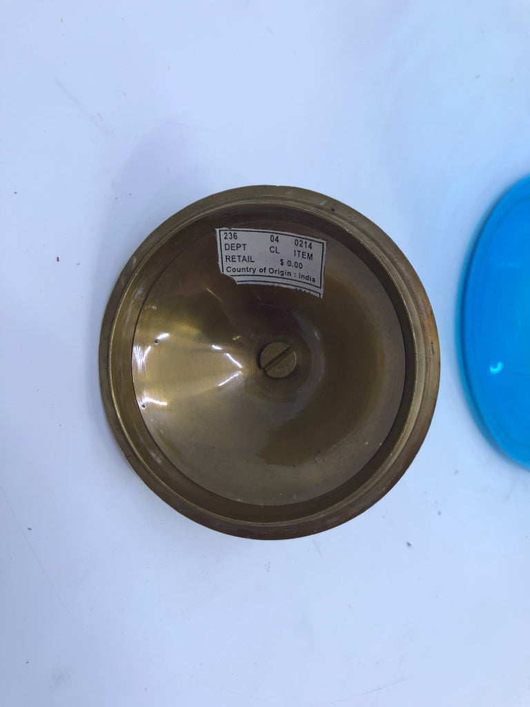 BLUE ETCHED GLASS CANISTER W METAL LID.
