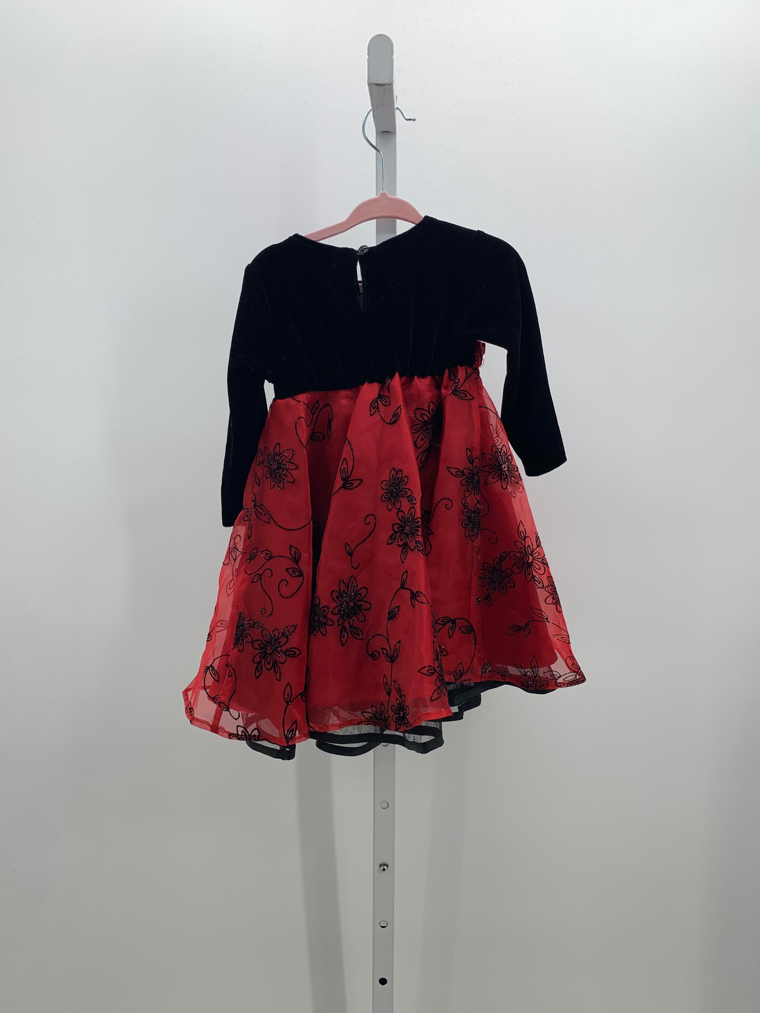 BLACK FLOWERS RED BOW LONG SLV DRESS