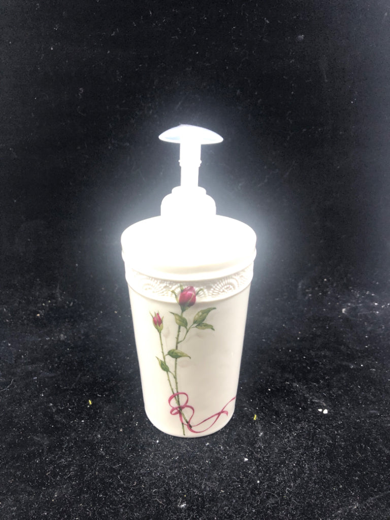 WHITE FLORAL SOAP DISPENSER.