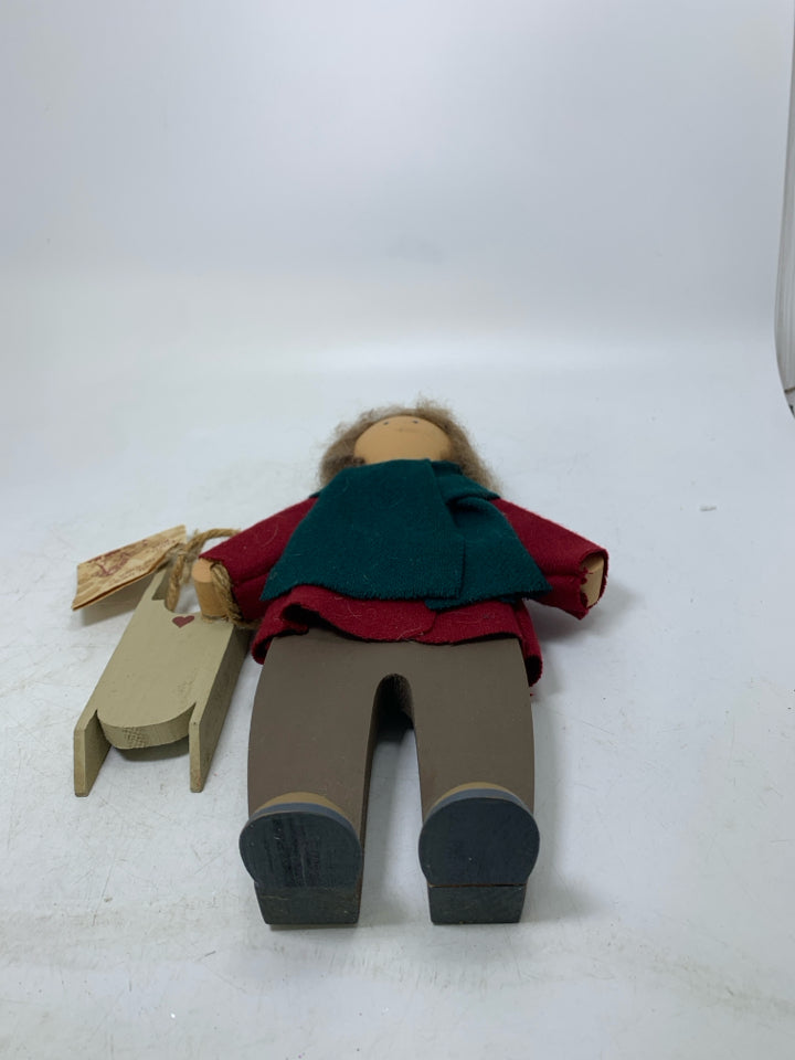 WOOD BOY RED SHIRT HOLDING SLED LIZZIE HIGH DOLL.