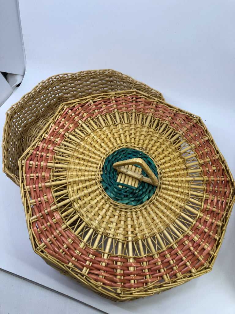OCTAGON BLONDE BASKET WITH PINK/GREEN PATTERN LID.