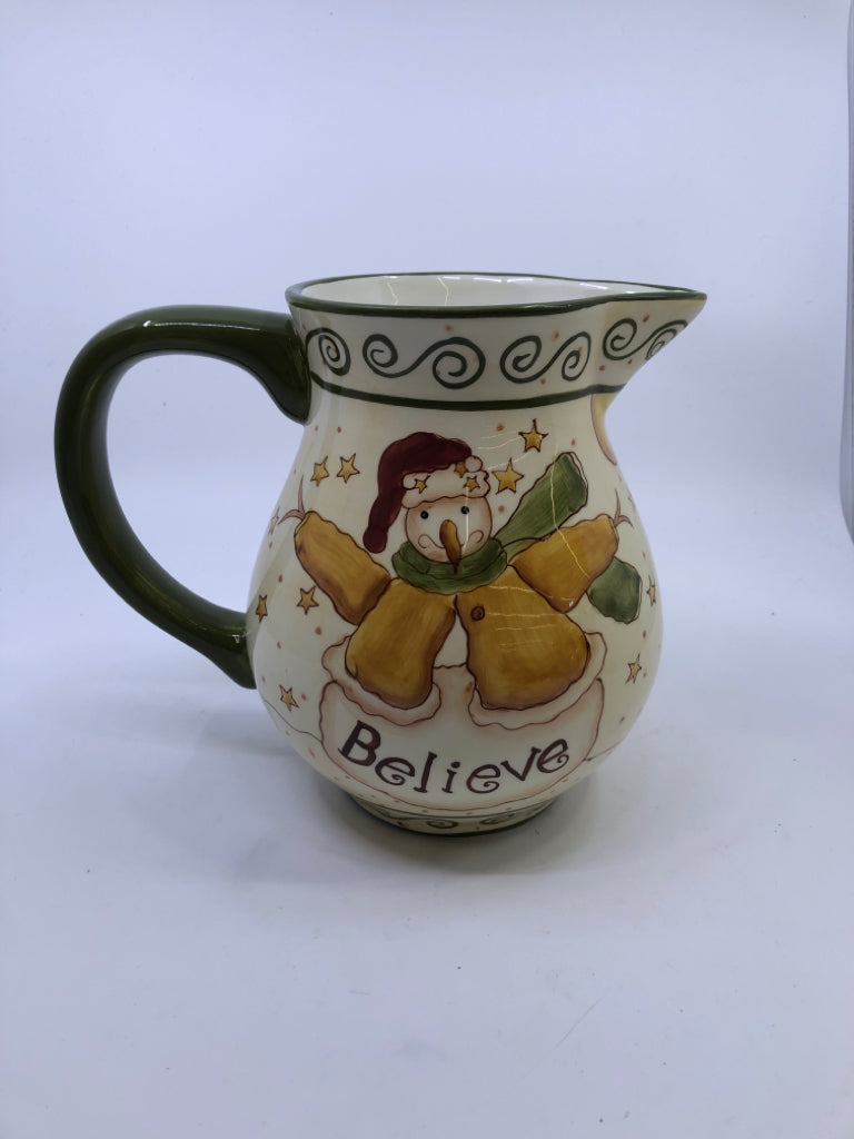 GREEN/YELLOW SNOWMAN PITCHER.