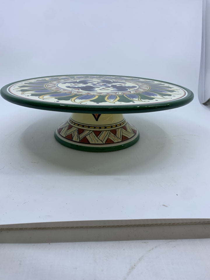 CREAM,GREEN,BLUE,GOLD DESIGN PEDESTAL CAKE PLATE.