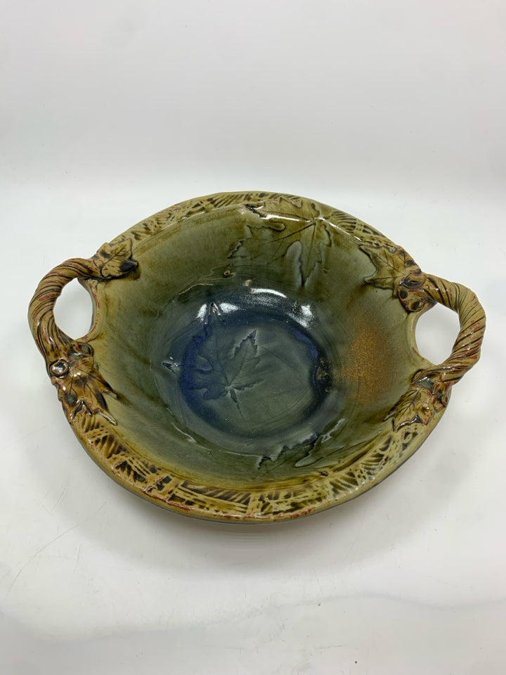 LEAF EMBOSSED GLAZED POTTERY BOWL W/HANDLES.