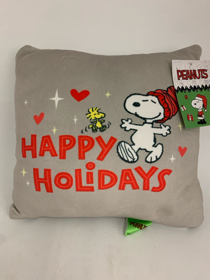 NEW GREY HAPPY HOLIDAYS SNOOPY PILLOW.