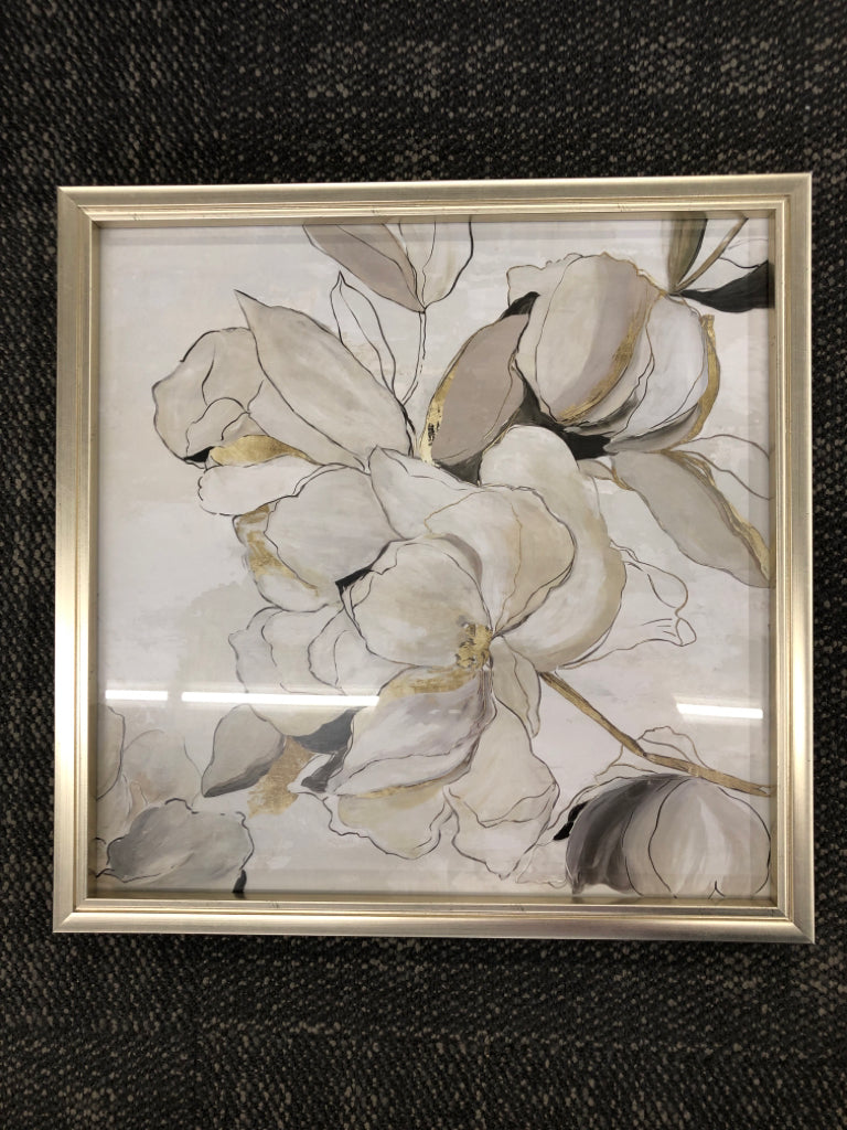 WHITE GREY FLOWERS IN SILVER FRAME.