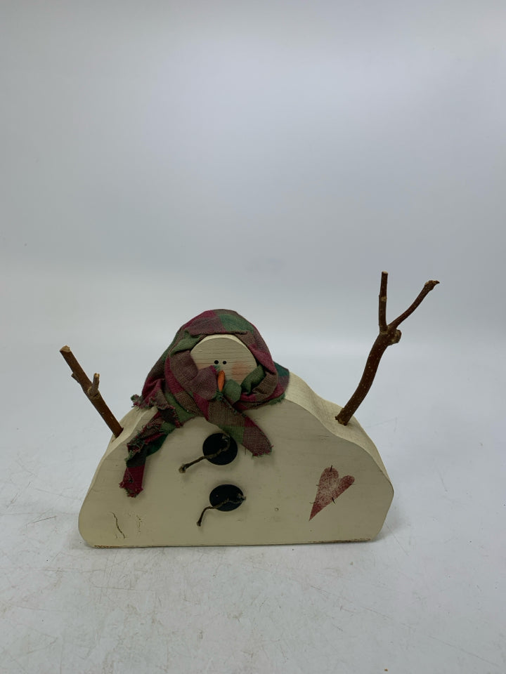 PRIMITIVE STYLE WOOD SNOWMAN W/ PLAID SCARF WRAPPED AROUND HEAD.