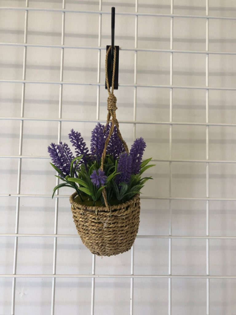 WOVEN HANGING BASKET W/ FAUX LAVENDER.