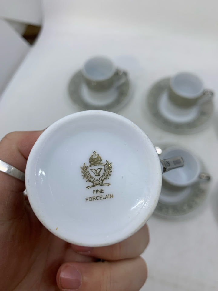 VTG 12 PC DEMITASSE WHITE W/ SILVER SCROLL YAU SHING.