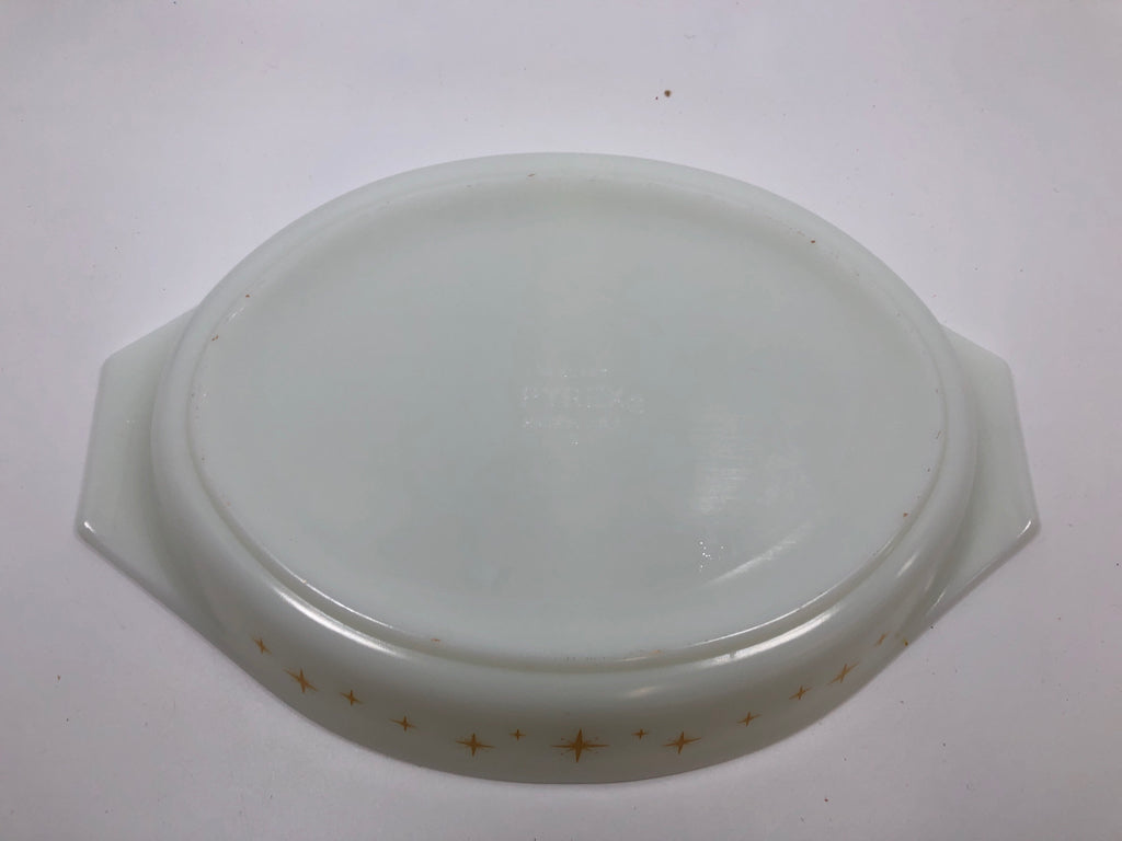 VTG DIVIDED CASSEROLE DISH PYREX CONSTELLATION ATOMIC STARBURST W/LID.