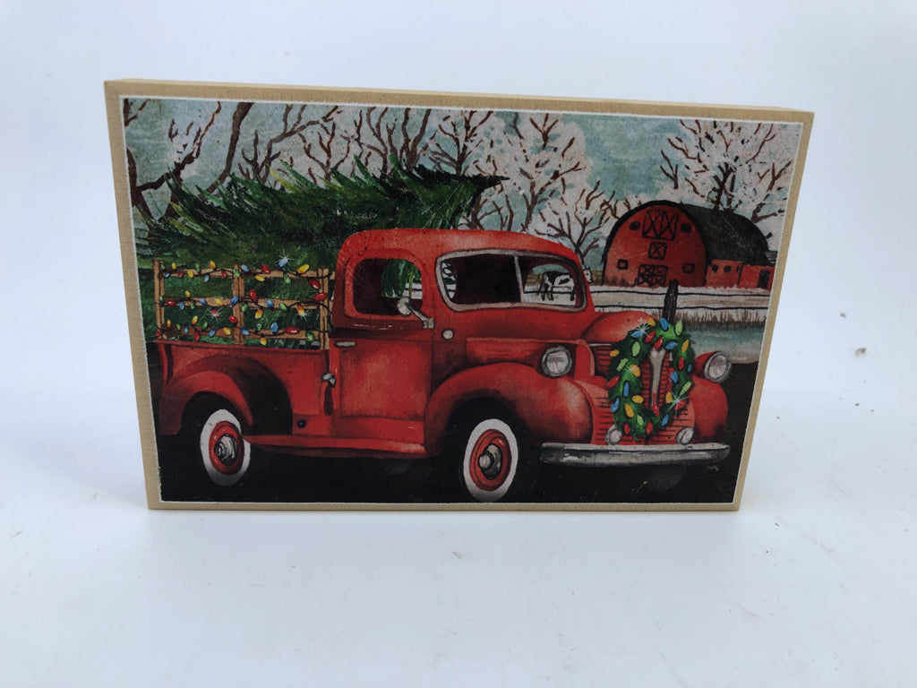 CHRISTMAS TREES IN RED TRUCK WOOD BLOCK.