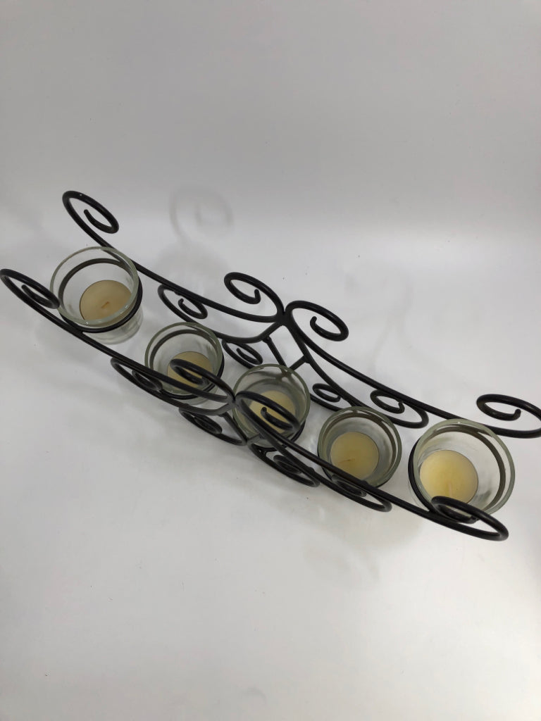 METAL SCROLL TEA LIGHT HOLDER W/5 GLASS CANDLE HOLDERS.