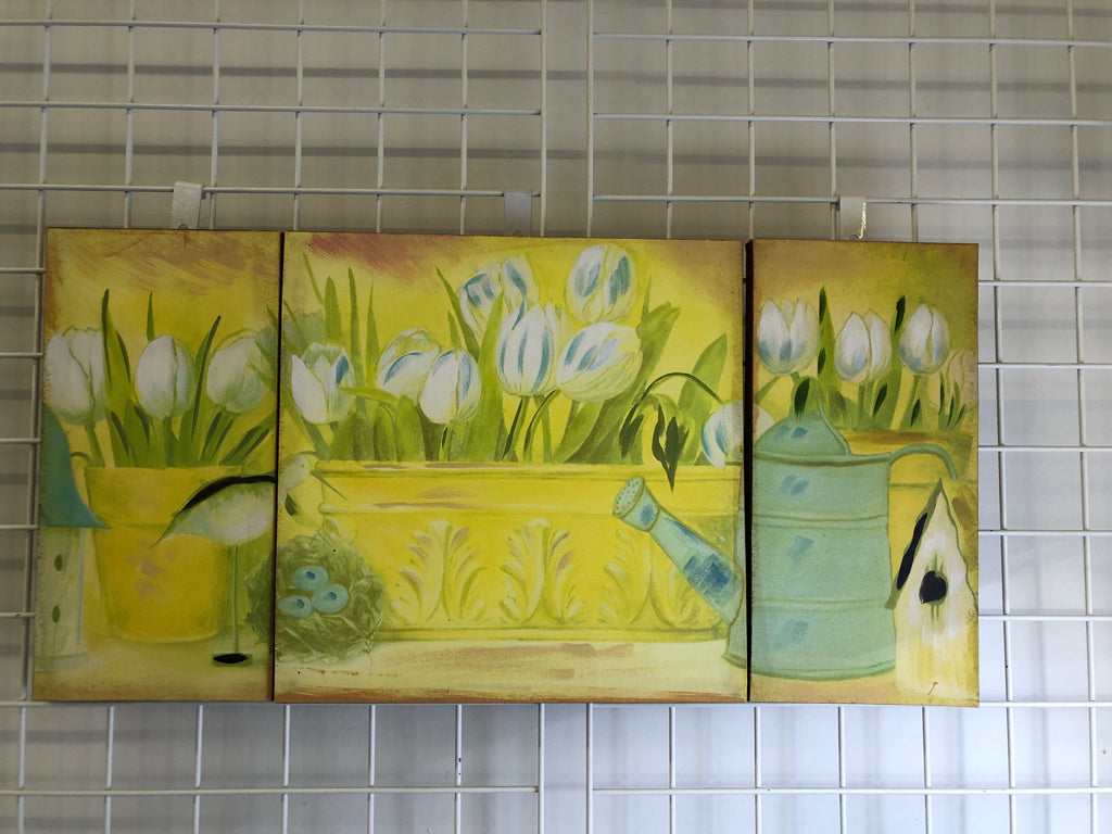 3PC YELLOW FLORAL CANVAS WALL ART.
