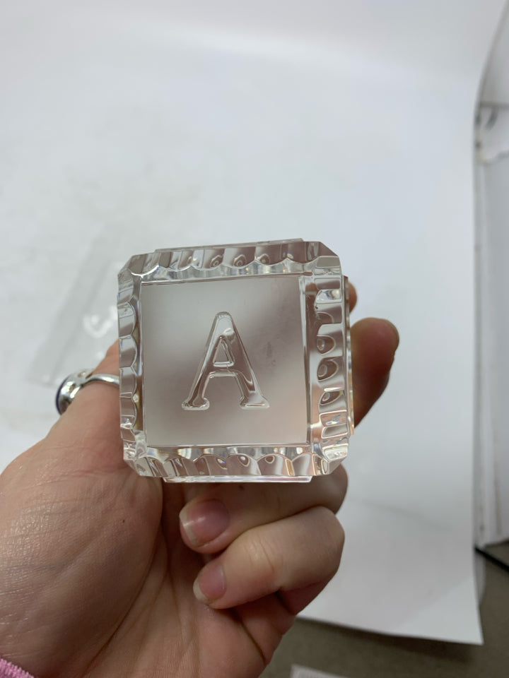 CRYSTAL ABC BABY ALPHABET BLOCK PAPERWEIGHT IN BAG.