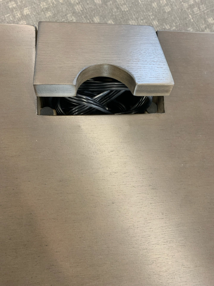 DK WOOD WRITING DESK AND CHAIR W/OUTLETS LAP DRAWER.