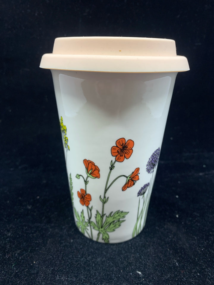 CERAMIC FLORAL TRAVEL MUG.