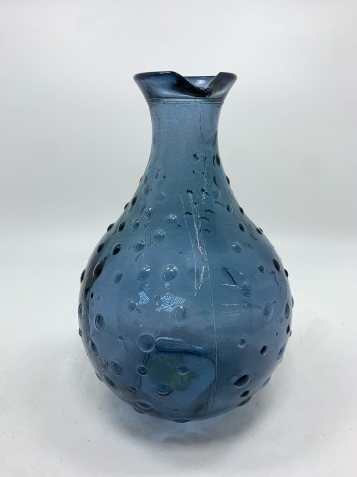 BLUE GLASS VASE W/HOBNAIL DETAILS.