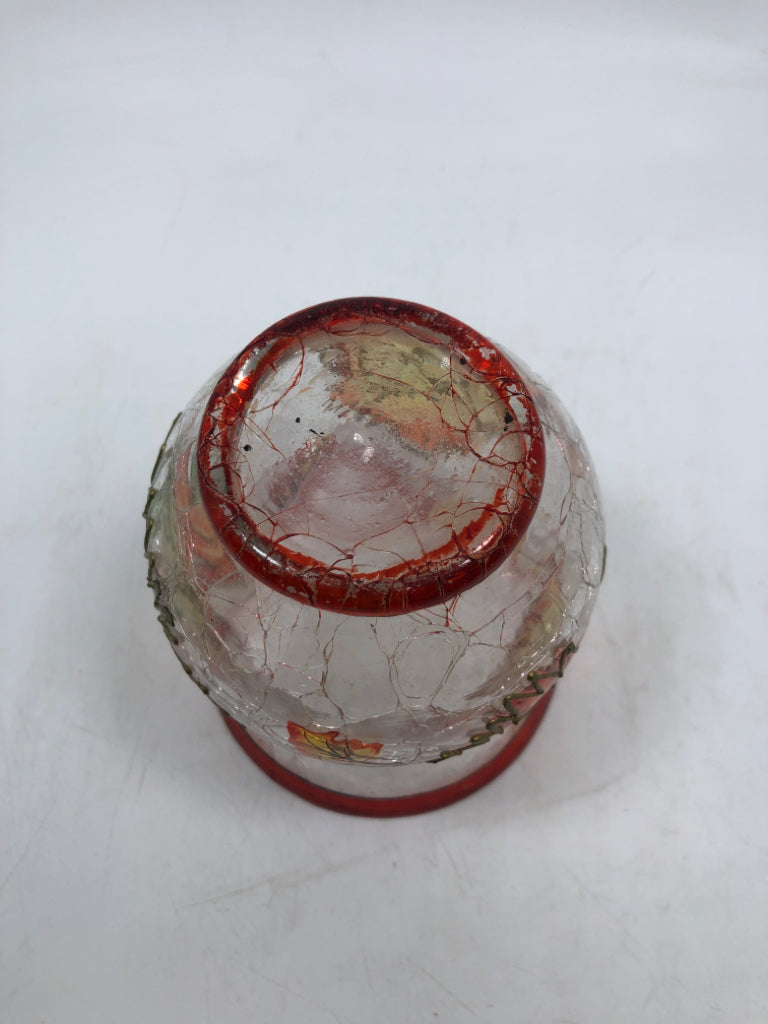 CRACKLE GLASS PAINTED LEAVES TEA LIGHT HOLDER.