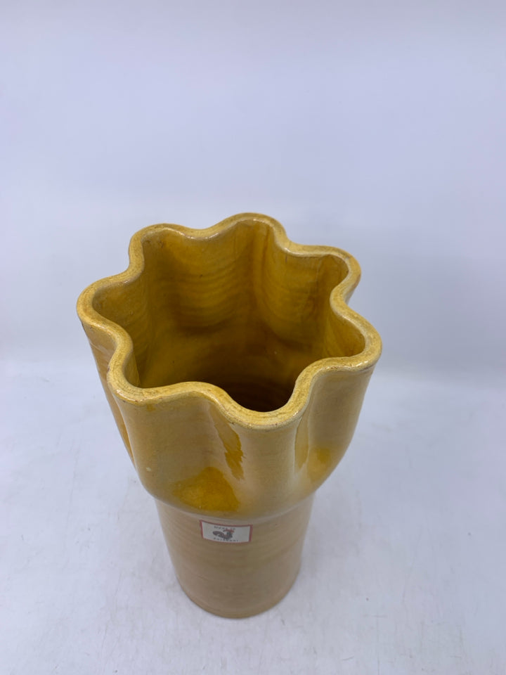 HEAVY TERRA COTTA MUSTARD YELLOW VASE.