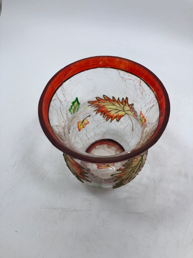 CRACKLE GLASS PAINTED LEAVES TEA LIGHT HOLDER.