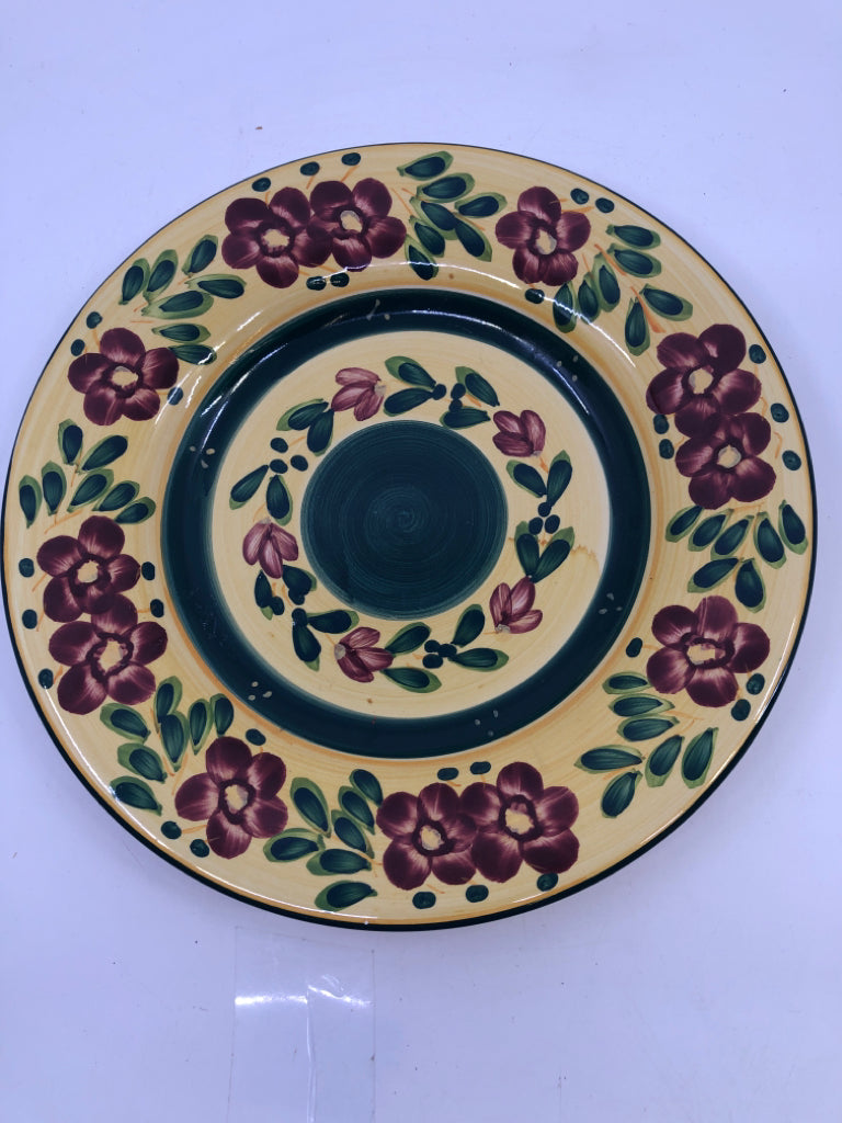 PURPLE FLOWER PAINTED PLATE- YELLOW AND TEAL.