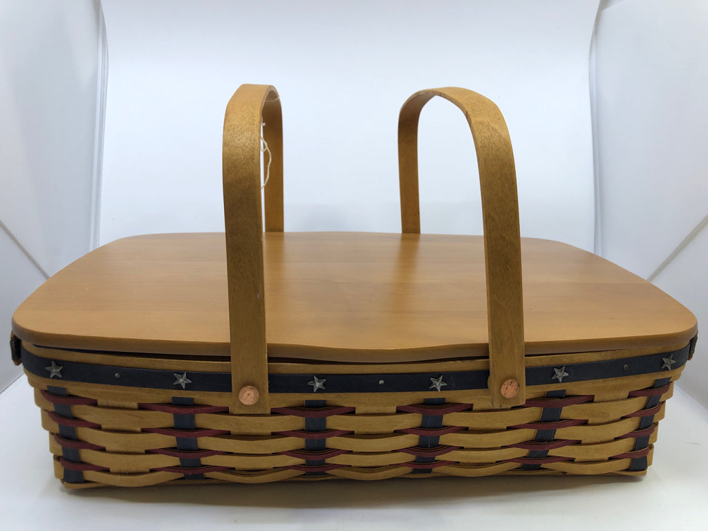 2000? ROUNDED RECTANGLE BASKET, LID, LINER, PROTECTOR- RED & BLUE WEAVE SILVER S