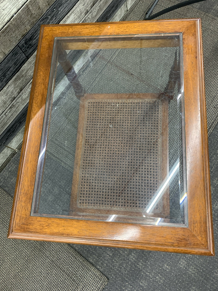 DARK WOOD GLASS TOP SIDE TABLE W BOTTOM SHELF.