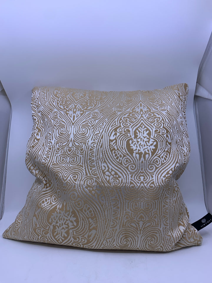 TAN WHITE SCROLL SQUARE PILLOW.