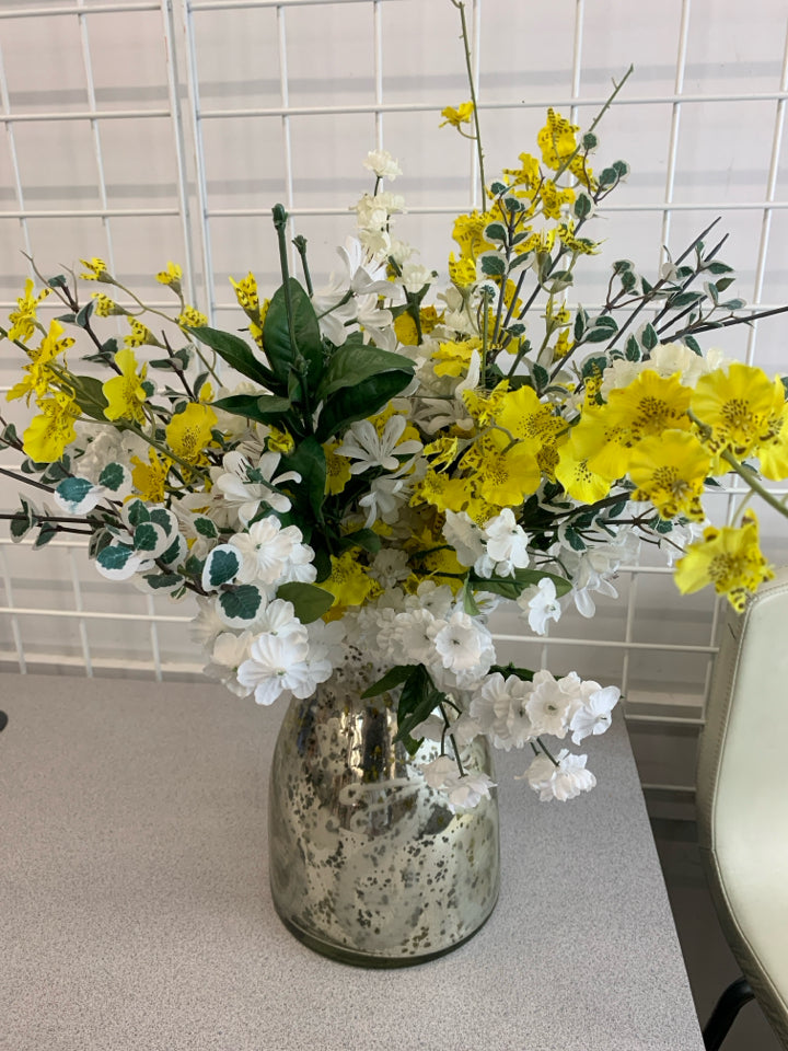 FAUX FLOWERS IN MERCURY VASE.