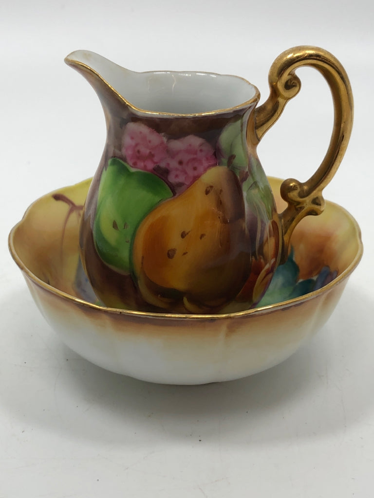 2PC PORCELAIN FRUIT PAINTED PITCHER+BASIN.