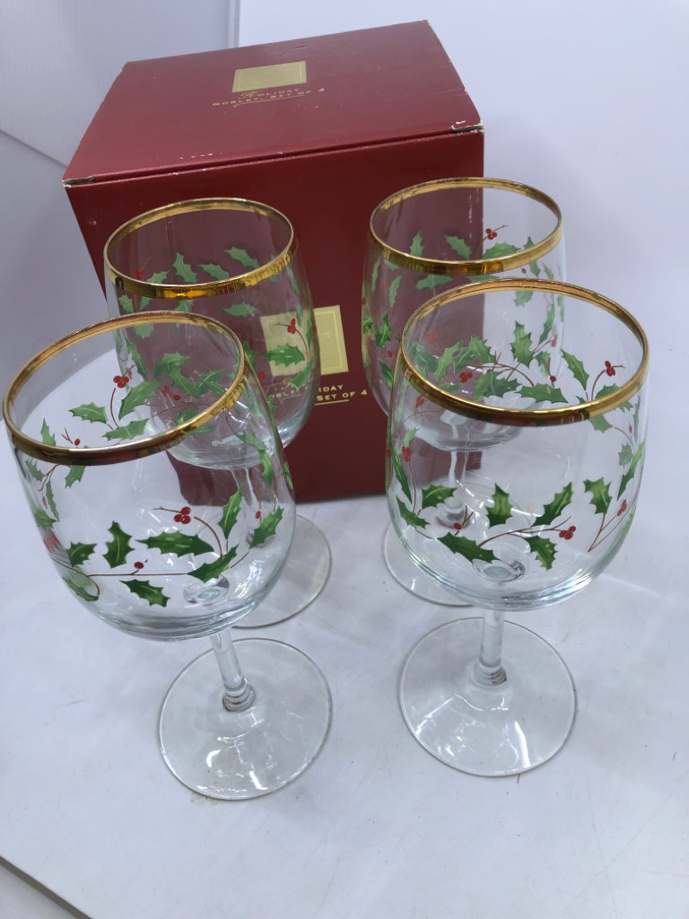 4 LENOX HOLIDAY HOLLY WINE GOBLETS.