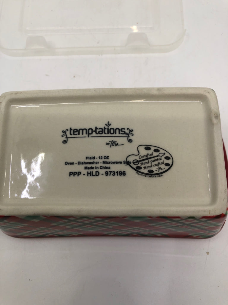 TEMPTATIONS GREEN+RED PLAID BAKING DISH W/ COVER.