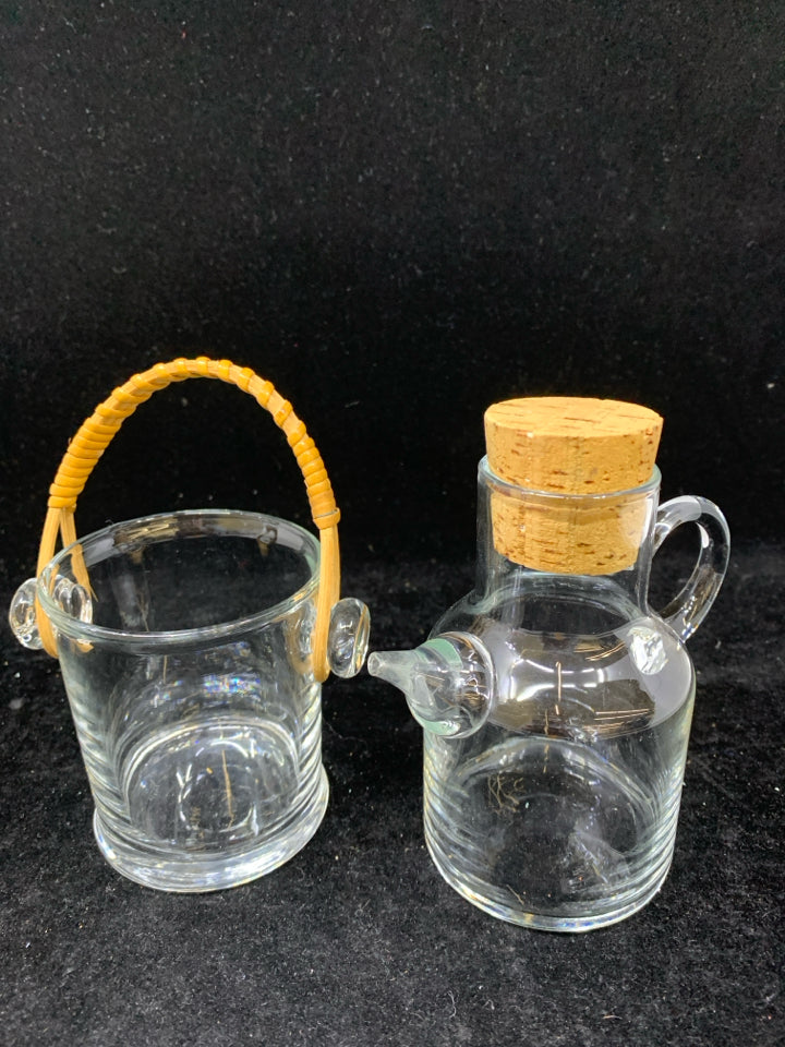 WICKER AND GLASS CREAMER AND SUGAR SET 5"