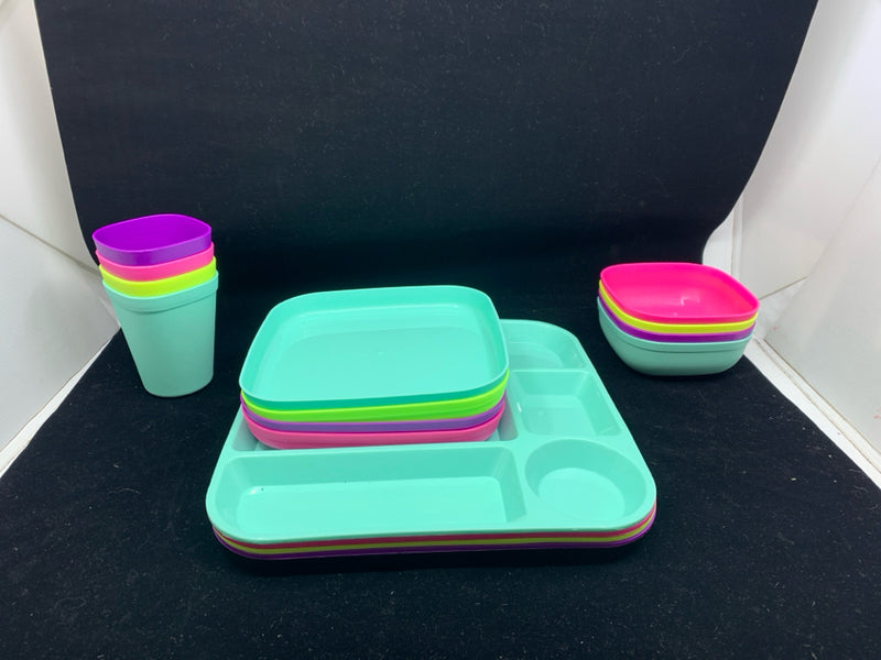 23 PC COLORFUL KIDS MEAL TRAY SET - TRAY, BOWLS, PLATES, SILVER WARE,