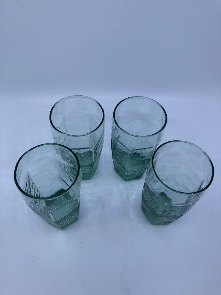 4 TALL GREEN TINTED DRINKING GLASSES.