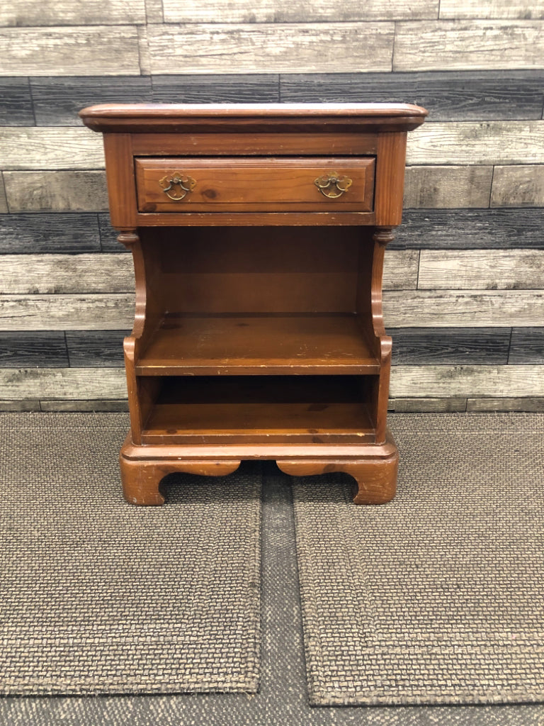 VTG WOOD NIGHTSTAND W 2 SHELVES AND DRAWER.